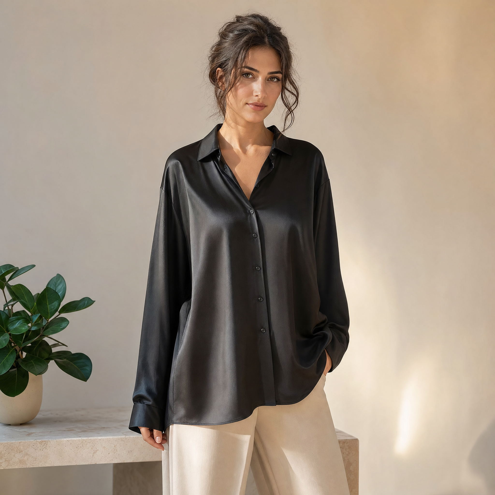 Blusa da donna in seta – Top classico elegante a maniche lunghe