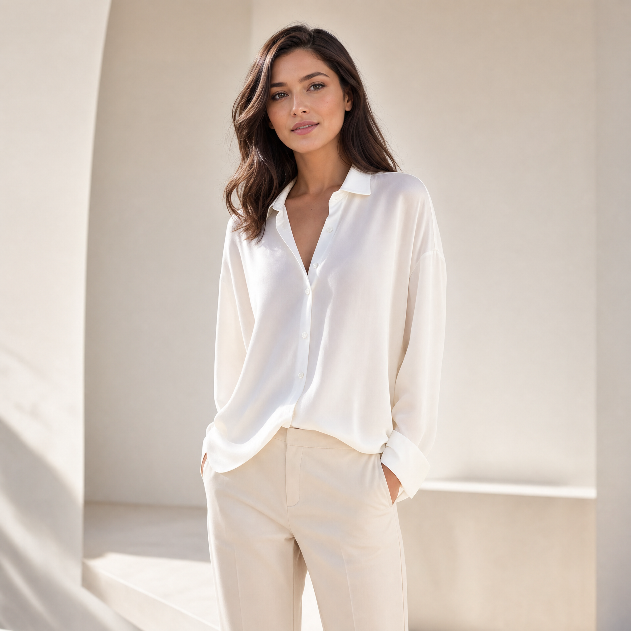 Blusa da donna in seta – Top classico elegante a maniche lunghe