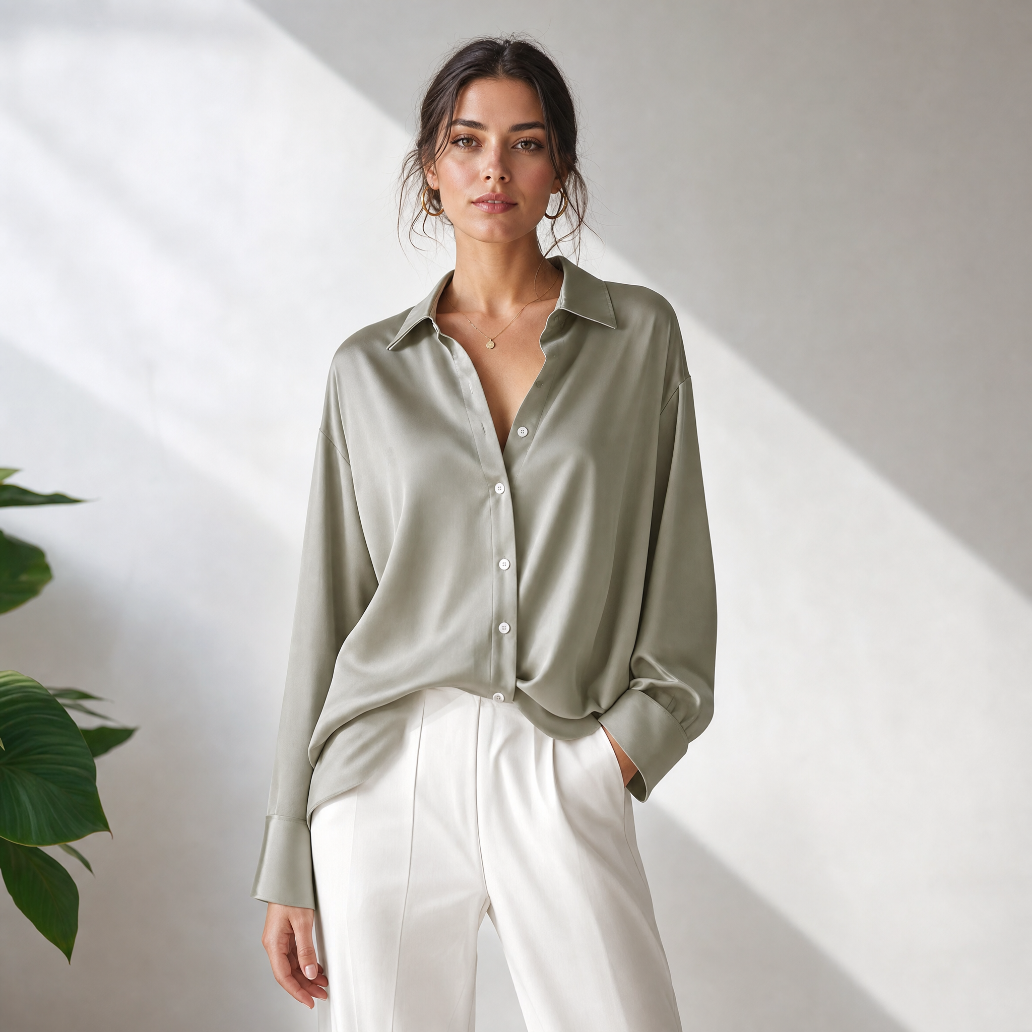 Blusa da donna in seta – Top classico elegante a maniche lunghe