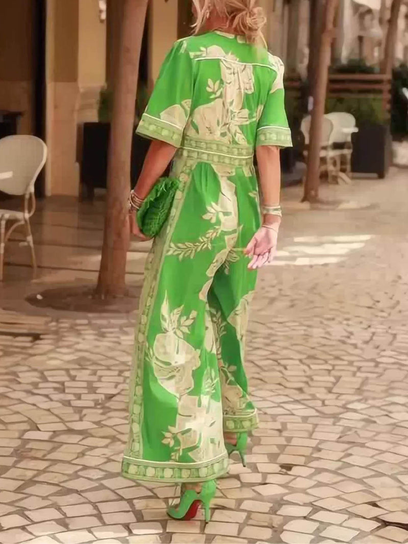 Women’s Floral Print V-Neck Jumpsuit – Short Sleeve for Holidays & Summer Days