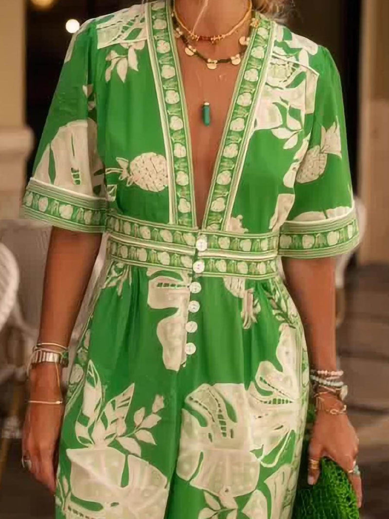 Women’s Floral Print V-Neck Jumpsuit – Short Sleeve for Holidays & Summer Days
