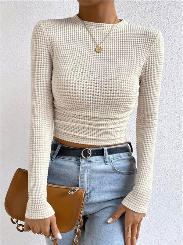 Women’s Waffle Pleated Top | Solid Colour Long Sleeve Style for Everyday Wear