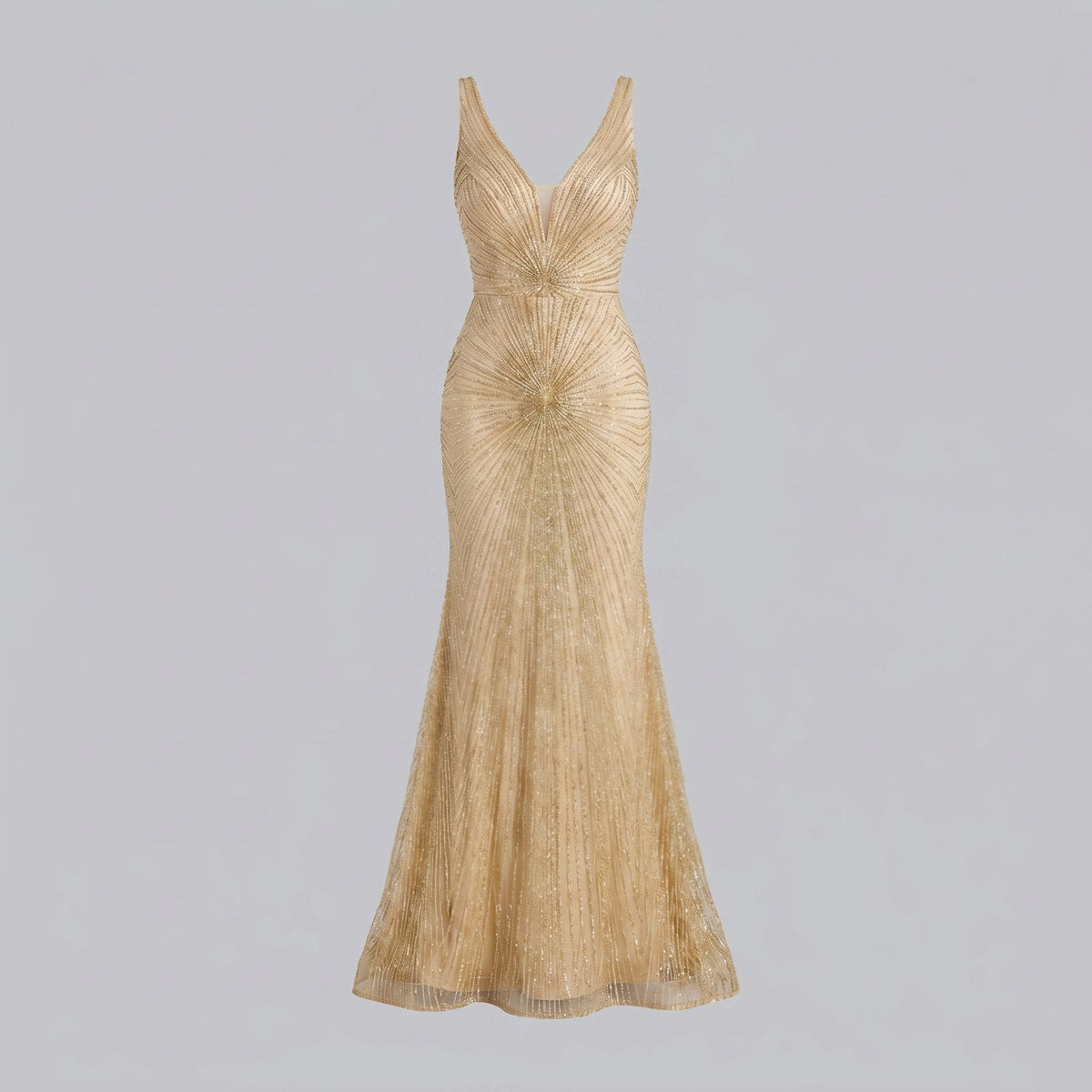 Women's Beaded Fit and Flare Evening Gown | Sleeveless Deep V-Neck Formal Christmas Party Dress | Full Length Lined Maxi