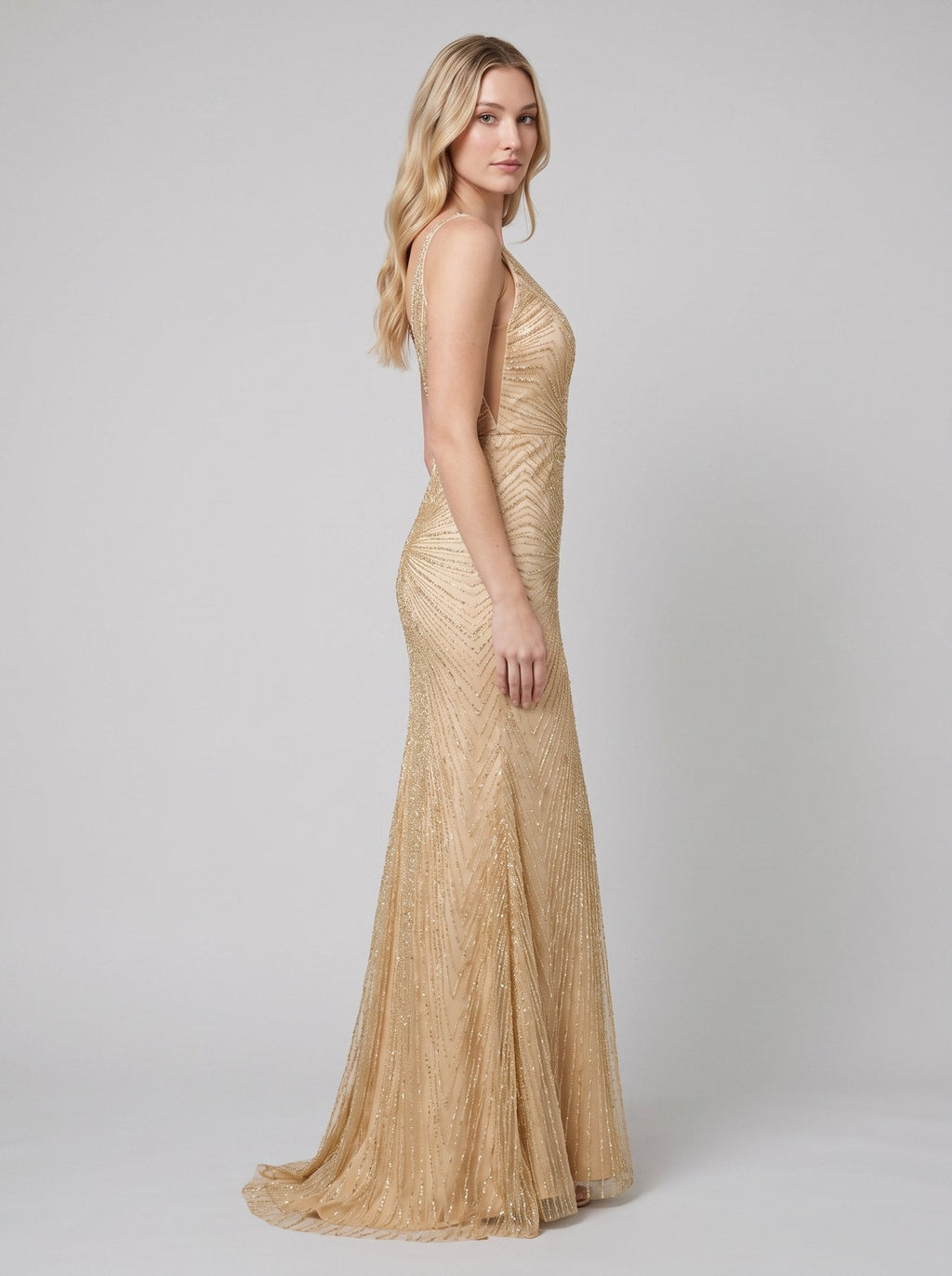 Women's Beaded Fit and Flare Evening Gown | Sleeveless Deep V-Neck Formal Christmas Party Dress | Full Length Lined Maxi