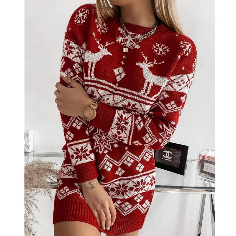Women's Christmas Knit Sweater Dress – Reindeer and Snowflake Pattern Long Sleeve Pullover