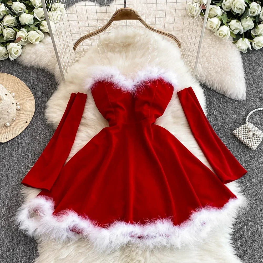 Women's Red Christmas Mini Dress – Long Sleeve Flared Dress with Fluffy Trim