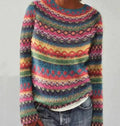 Women's Vintage Pattern Sweater – Round Neck Long Sleeve Knit Pullover