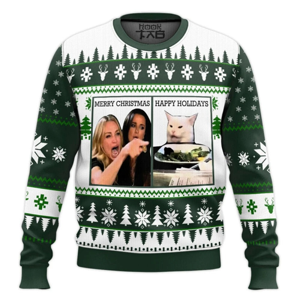 Unisex Funny Christmas Sweater – Screaming Cat Meme Graphic Holiday Pullover