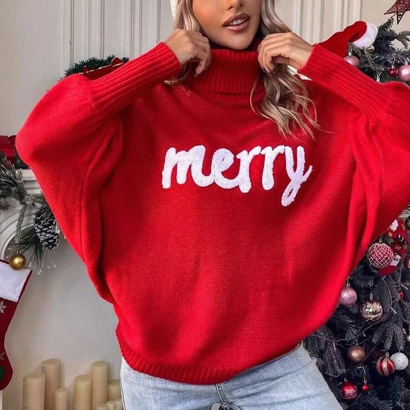 Women's Christmas Sweater – Oversized Turtleneck Knit Pullover with Merry Letter Print