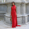 Women's Satin Halter Neck Maxi Dress – Backless Evening Gown with Long Flowing Scarf