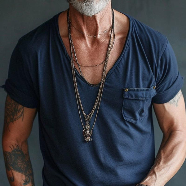 Men’s Cotton V-Neck T-Shirt | Soft Short Sleeve with Chest Pocket