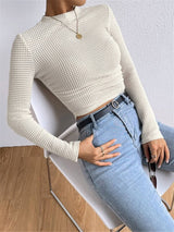 Women’s Waffle Pleated Top | Solid Colour Long Sleeve Style for Everyday Wear