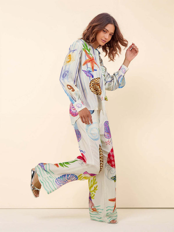 Women’s Ocean Print Trousers Set | Relaxed Fit Holiday Co-ord with Long Sleeve Top