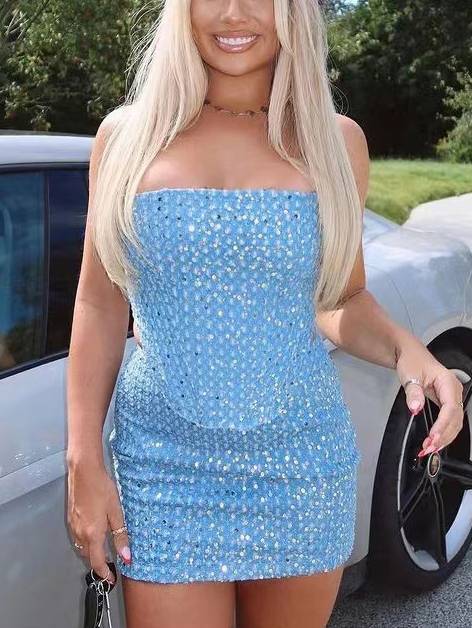 Women’s Denim & Sequin Tube Top Set | Slim Fit Skirt | Statement Partywear