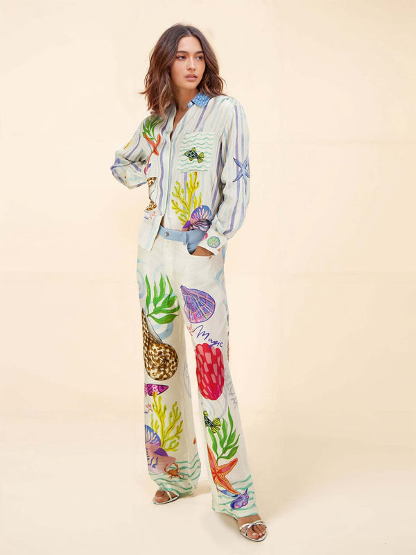 Women’s Ocean Print Trousers Set | Relaxed Fit Holiday Co-ord with Long Sleeve Top