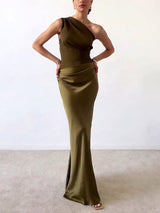 Women’s Silk Blend Maxi Dress | One-Shoulder Pleated Evening Gown