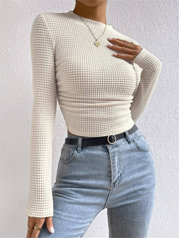 Women’s Waffle Pleated Top | Solid Colour Long Sleeve Style for Everyday Wear