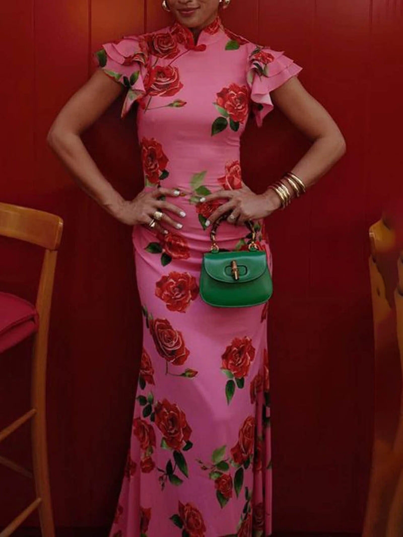 The Amelia Rose Floral Maxi Dress – Tiered Flare Sleeves & Stretch Fit