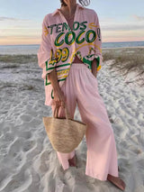 Women’s Printed Oversized Shirt & Wide-Leg Trousers Set – Relaxed Fit for Holidays & Everyday Wear