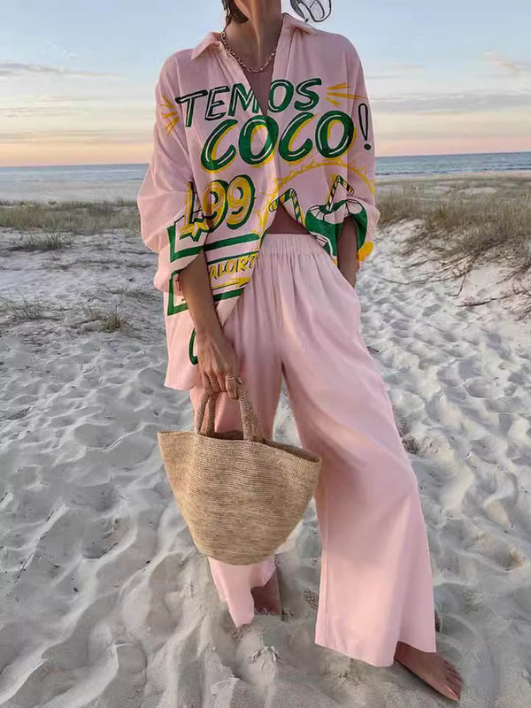 Women’s Printed Oversized Shirt & Wide-Leg Trousers Set – Relaxed Fit for Holidays & Everyday Wear