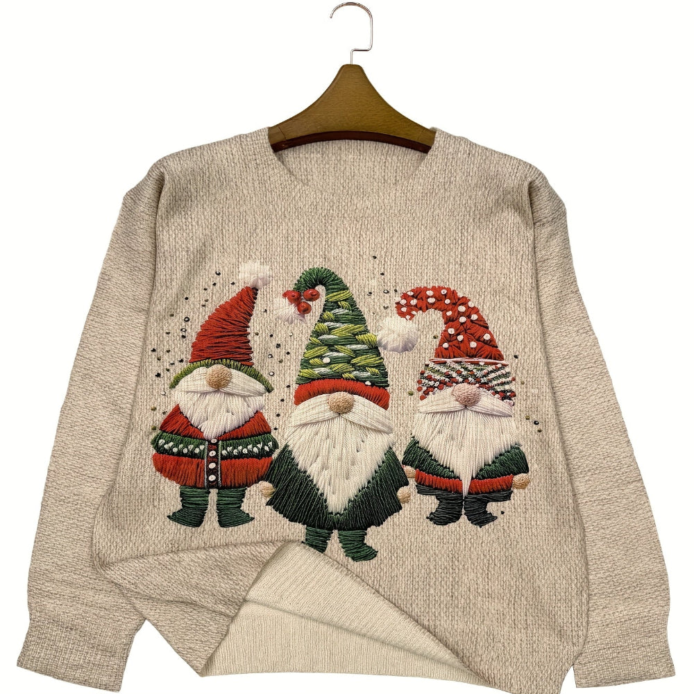 Women's Embroidered Gnome Christmas Jumper | Relaxed Fit Longline Soft Touch Festive Knitwear for Christmas Jumper Day