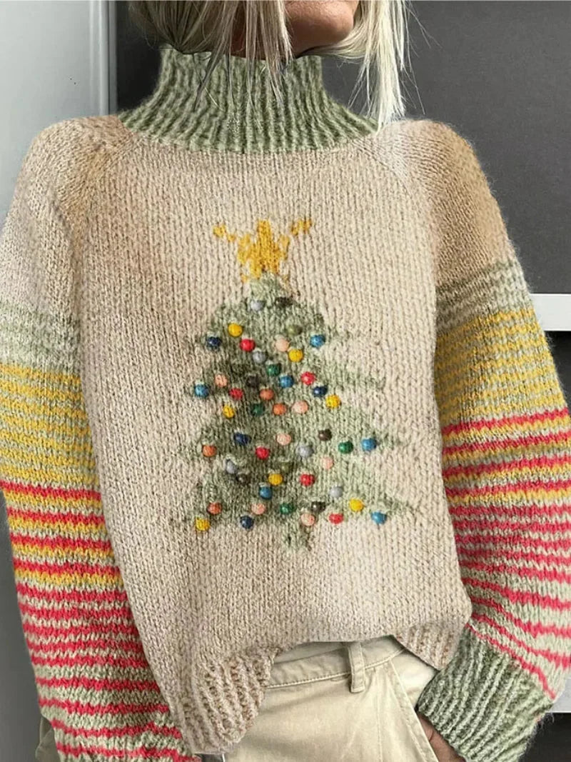 Women's Christmas Tree Jumper with Striped Sleeves and Roll Neck | Festive Knitwear Sweater for Seasonal Parties and Events