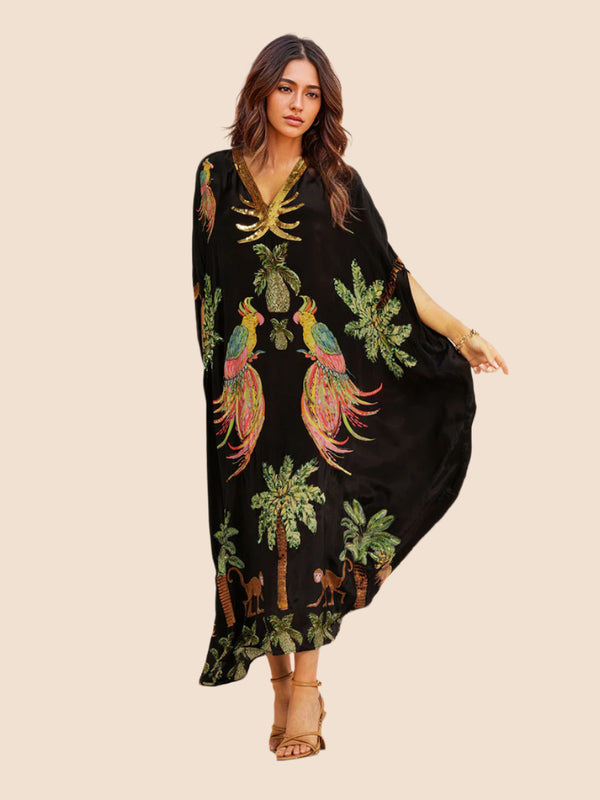 Women’s Coconut Tree Print Dress – Drop Shoulder Summer Style, Lightweight & Relaxed Fit