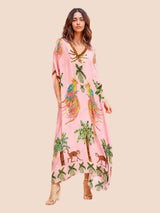 Women’s Coconut Tree Print Dress – Drop Shoulder Summer Style, Lightweight & Relaxed Fit