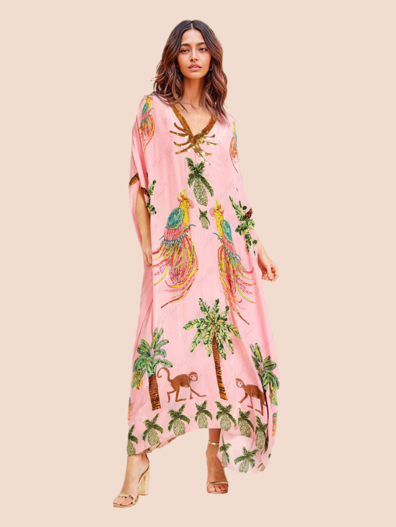 Women’s Coconut Tree Print Dress – Drop Shoulder Summer Style, Lightweight & Relaxed Fit