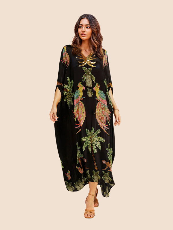 Women’s Coconut Tree Print Dress – Drop Shoulder Summer Style, Lightweight & Relaxed Fit