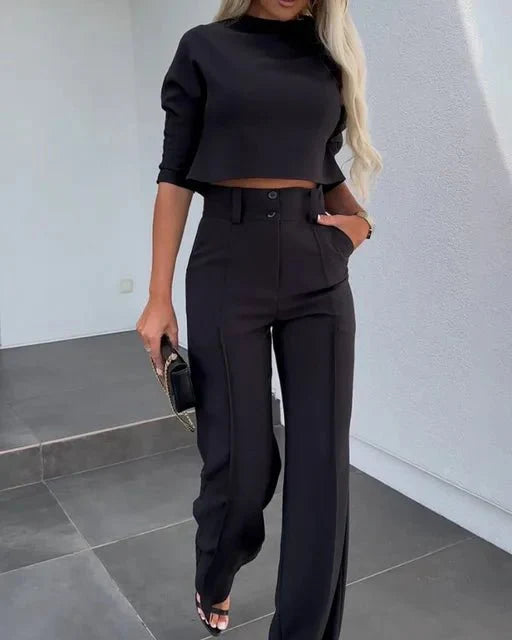 Women’s Cropped Top and Wide-Leg Trousers Set – Relaxed Two-Piece Outfit for Day or Evening