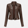 Belted High Collar Fitted Cropped Zip Up Leather Jacket