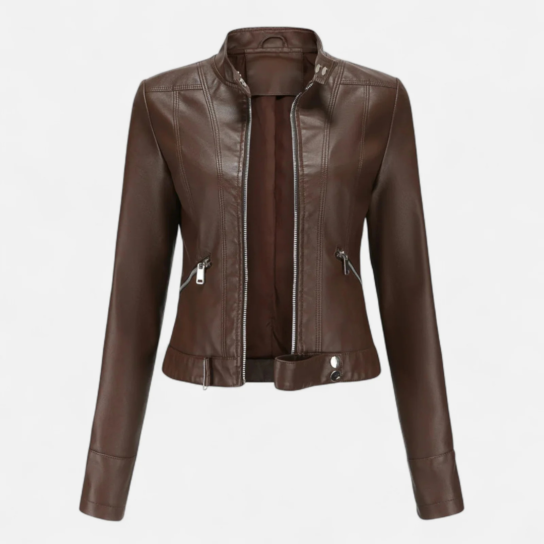 Belted High Collar Fitted Cropped Zip Up Leather Jacket