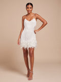 Women's Fringe Mini Dress with Feather Trim Hem | V-Neck Spaghetti Strap Cocktail Party Dress for Holiday and Evening Wear