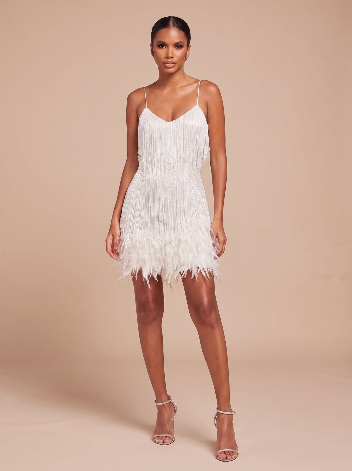 Women's Fringe Mini Dress with Feather Trim Hem | V-Neck Spaghetti Strap Cocktail Party Dress for Holiday and Evening Wear