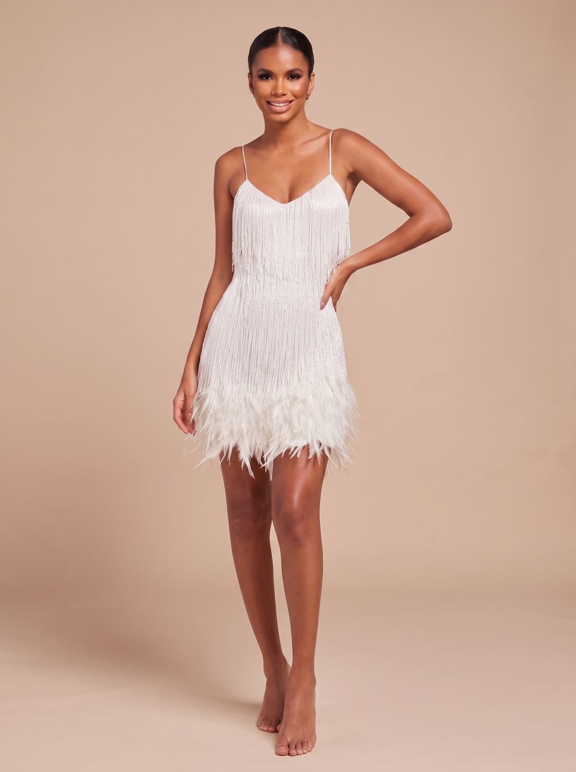 Women's Fringe Mini Dress with Feather Trim Hem | V-Neck Spaghetti Strap Cocktail Party Dress for Holiday and Evening Wear