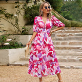 Women’s Floral Chiffon Maxi Dress – V-Neck, High Waist, Summer Daywear