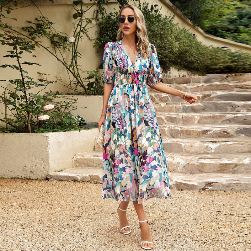 Women’s Floral Chiffon Maxi Dress – V-Neck, High Waist, Summer Daywear
