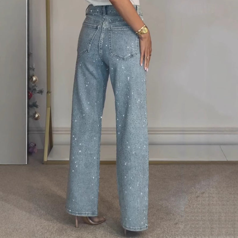 Women’s Glitter Rhinestone Jeans – High Waist Straight Leg Denim