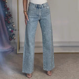 Women’s Glitter Rhinestone Jeans – High Waist Straight Leg Denim