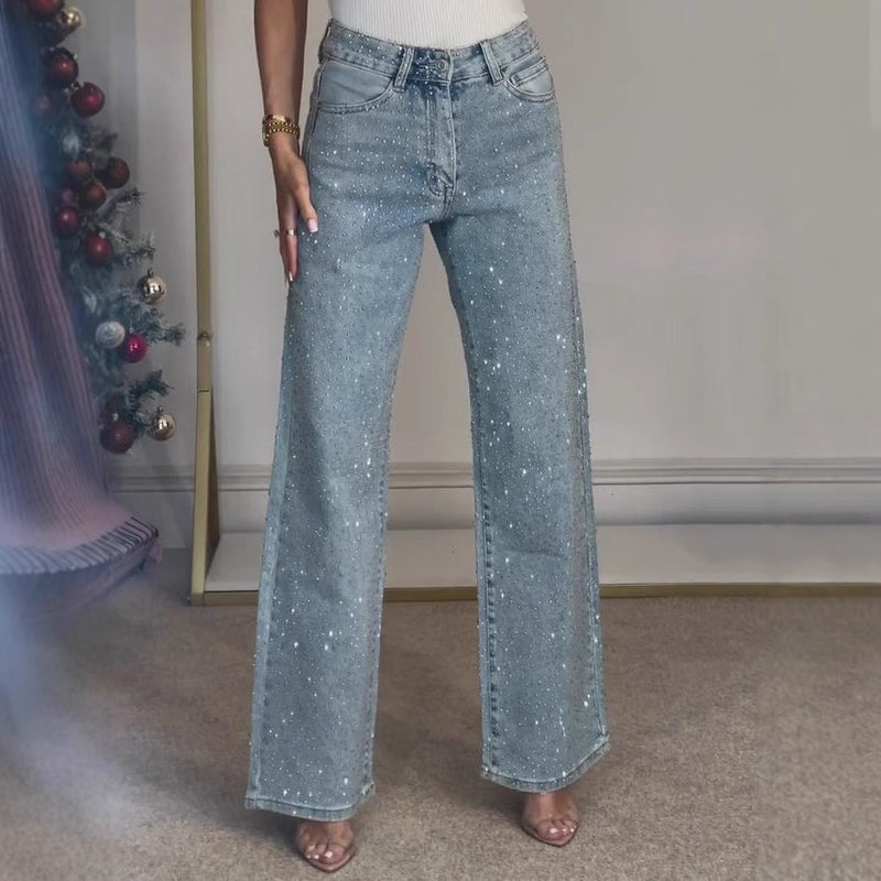 Women’s Glitter Rhinestone Jeans – High Waist Straight Leg Denim