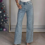 Women’s Glitter Rhinestone Jeans – High Waist Straight Leg Denim