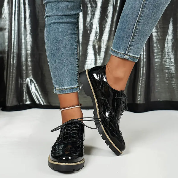 Women’s Leather Brogue Shoes – Polished Patent Oxford Style