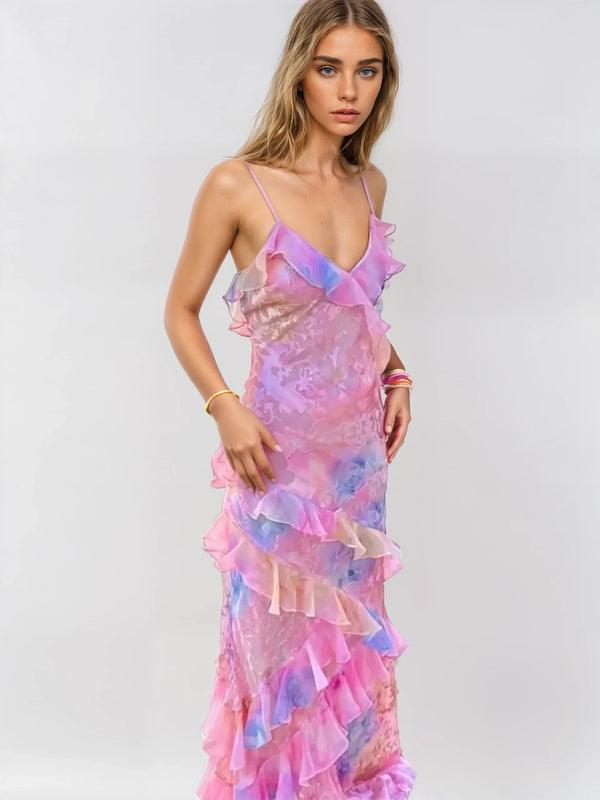 Women's Long Summer Dress – Ruched Mesh Maxi Sundress in Pastels
