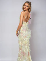 Women's Long Summer Dress – Ruched Mesh Maxi Sundress in Pastels