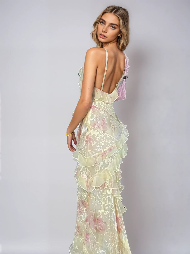 Women's Long Summer Dress – Ruched Mesh Maxi Sundress in Pastels