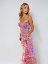 Women's Long Summer Dress – Ruched Mesh Maxi Sundress in Pastels