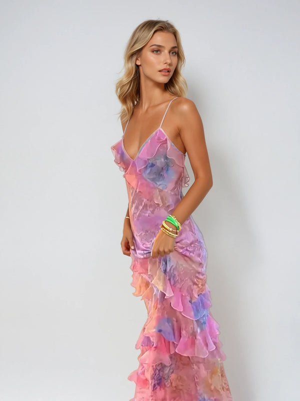 Women's Long Summer Dress – Ruched Mesh Maxi Sundress in Pastels