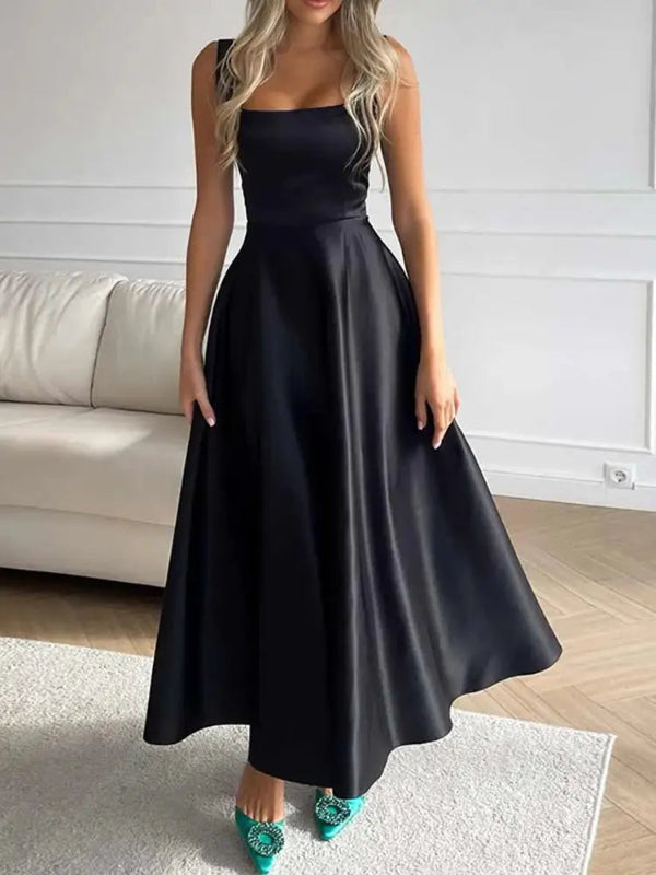 Women’s Midi Dress – Elegant Square Neck, A-Line & Formal Style