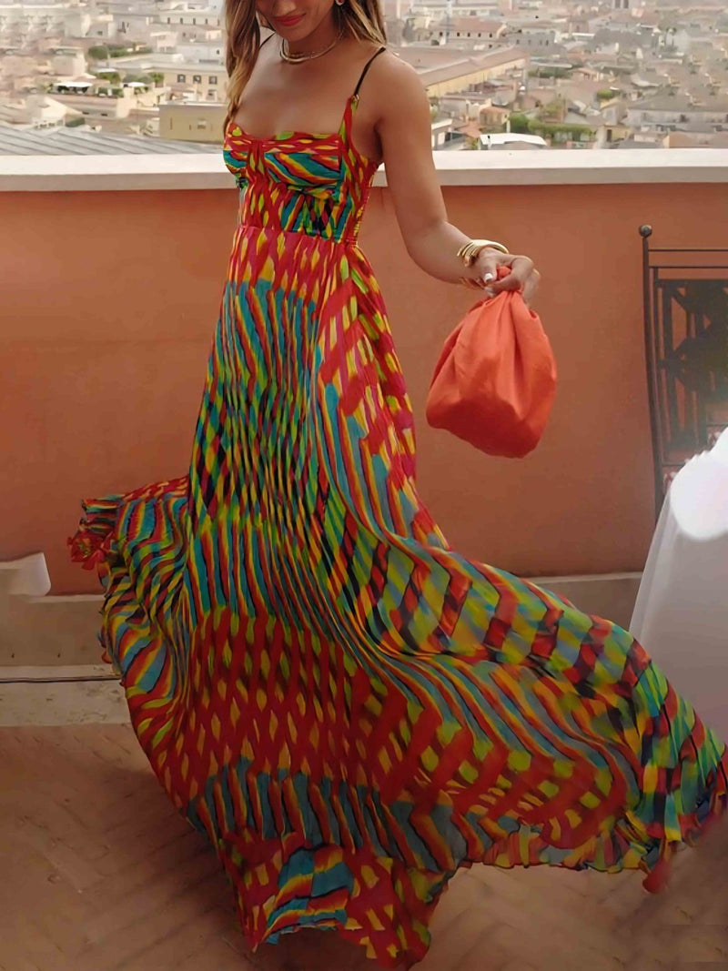 Women’s Abstract Print Maxi Dress – Sleeveless A-Line Style with Painted Pattern